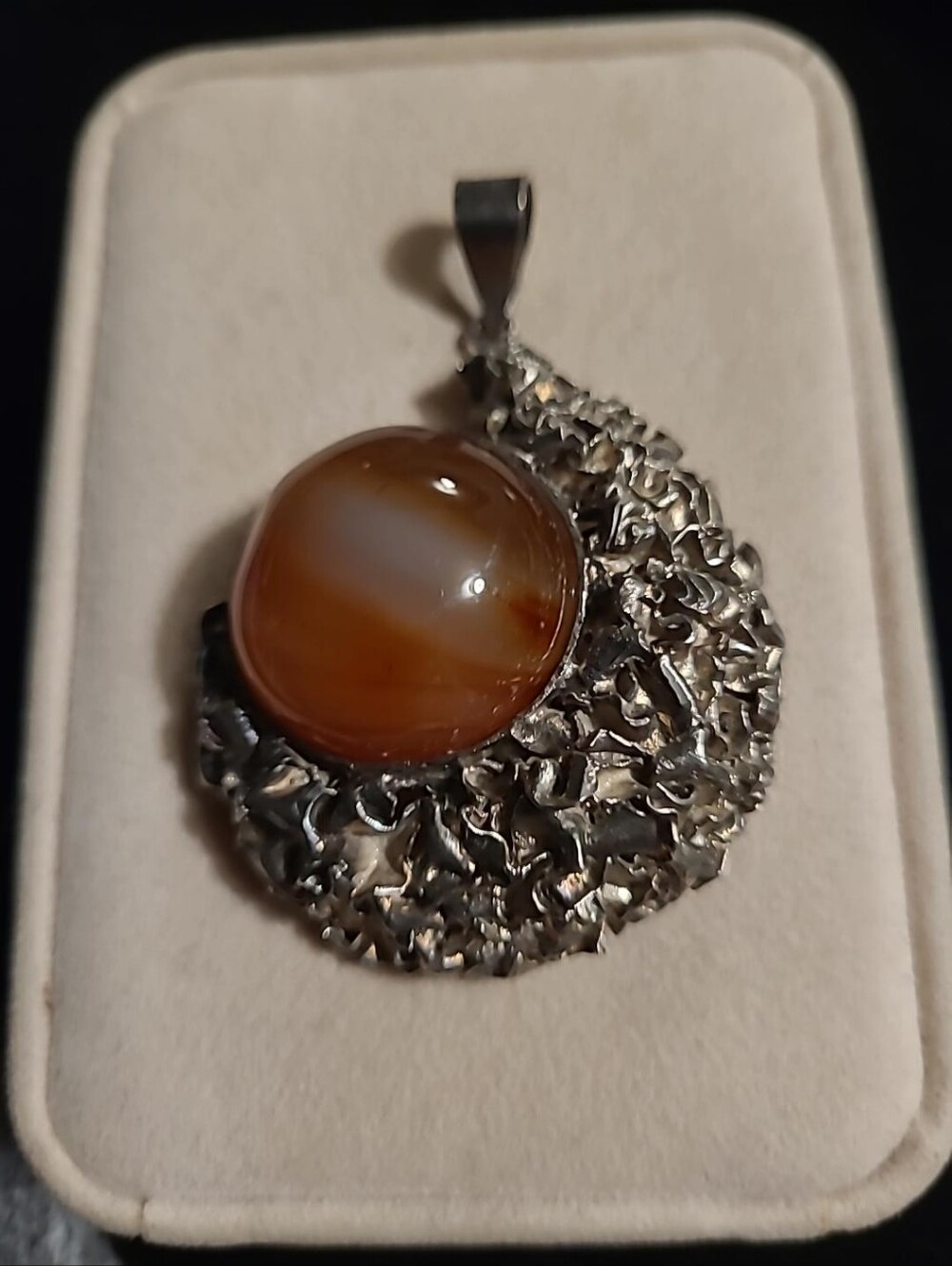 Sterling Silver Banded Carnelian Agate Brutalist Pendant 925